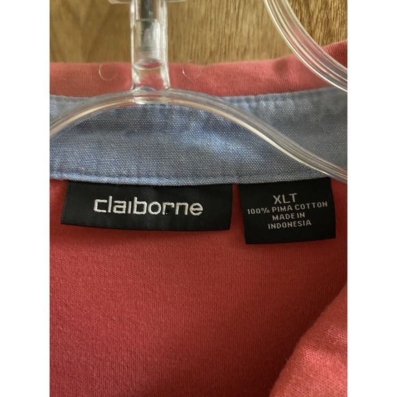 CLAIBORNE Cotton 1/4 Zip Neck Short Sleeve Polo Shirt XLT Pink Blue Fold Trim - Picture 2 of 11